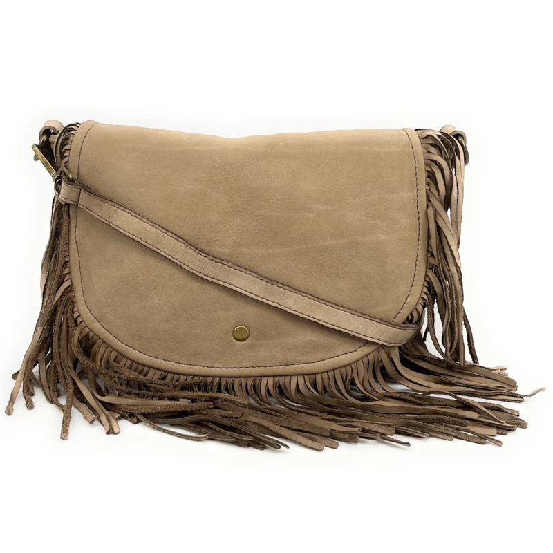 Sac besace à franges en cuir vintage MISS NAYA Taupe clair
