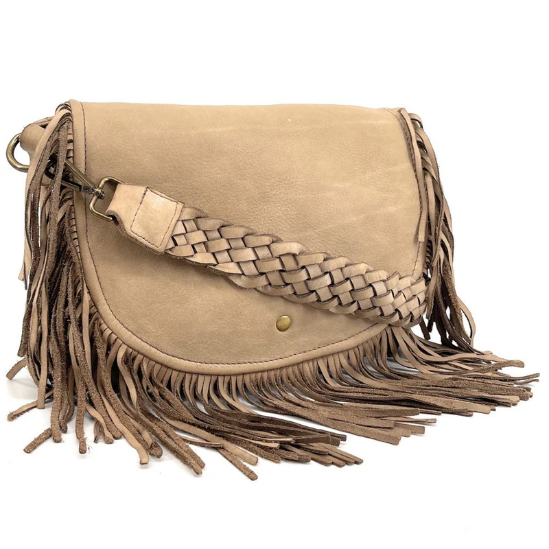 Sac besace à franges en cuir vintage MISS NAYA Taupe clair