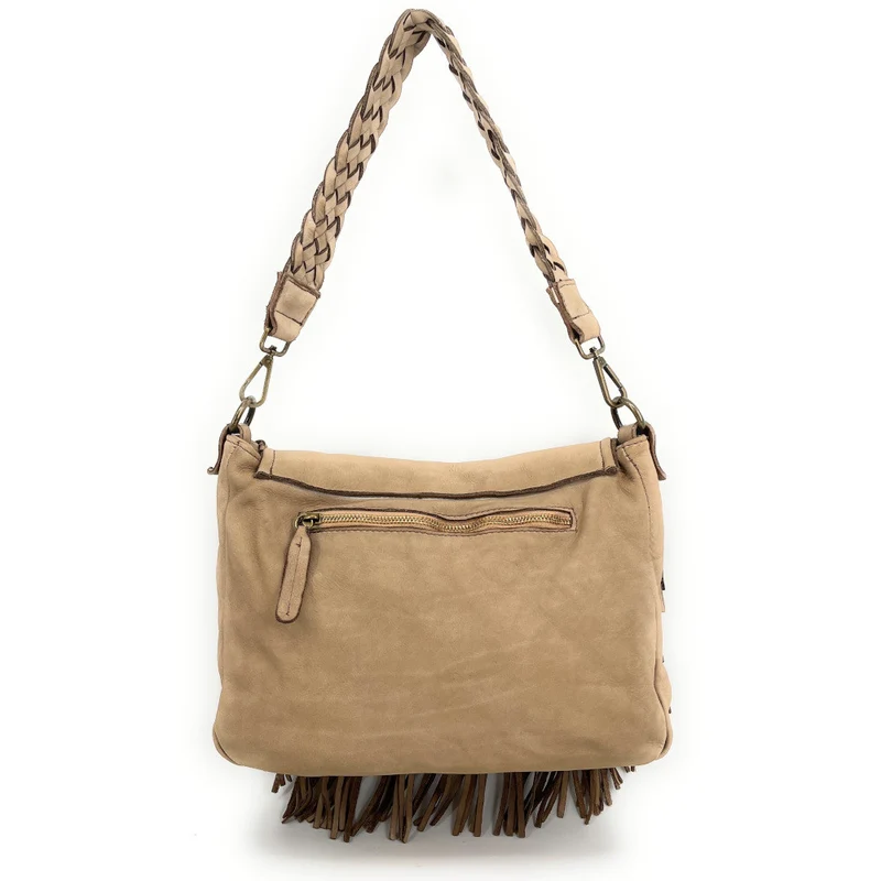 Sac besace à franges en cuir vintage MISS NAYA Taupe clair