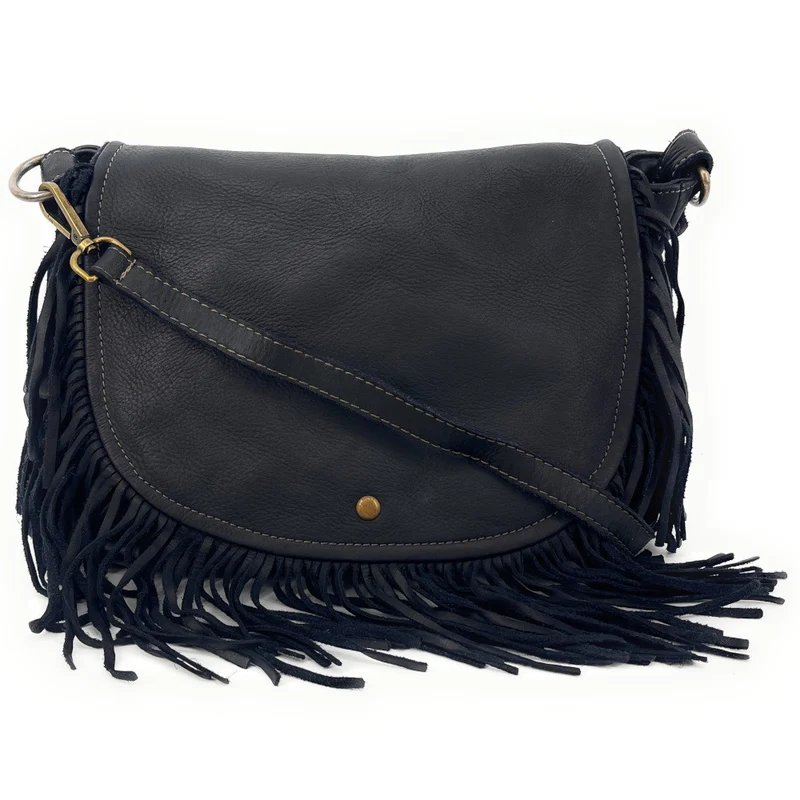 Sac besace à franges en cuir vintage MISS NAYA Noir