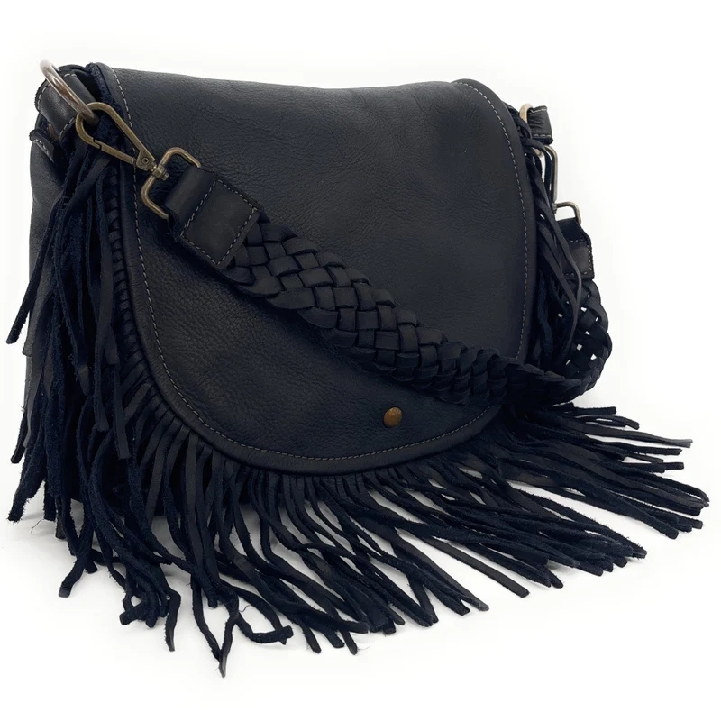 Sac besace à franges en cuir vintage MISS NAYA Noir