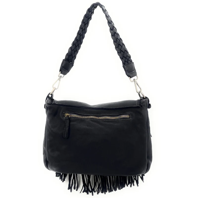 Sac besace à franges en cuir vintage MISS NAYA Noir