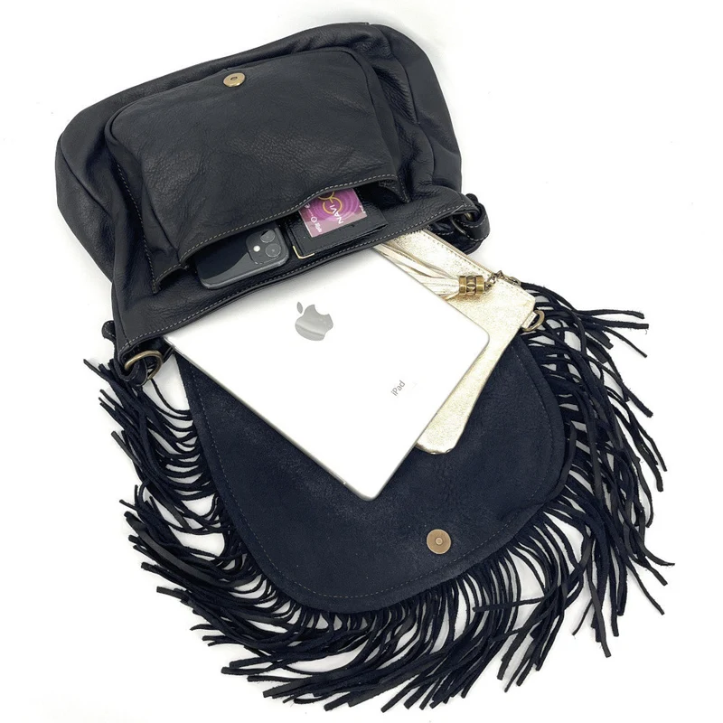 Sac besace à franges en cuir vintage MISS NAYA Noir