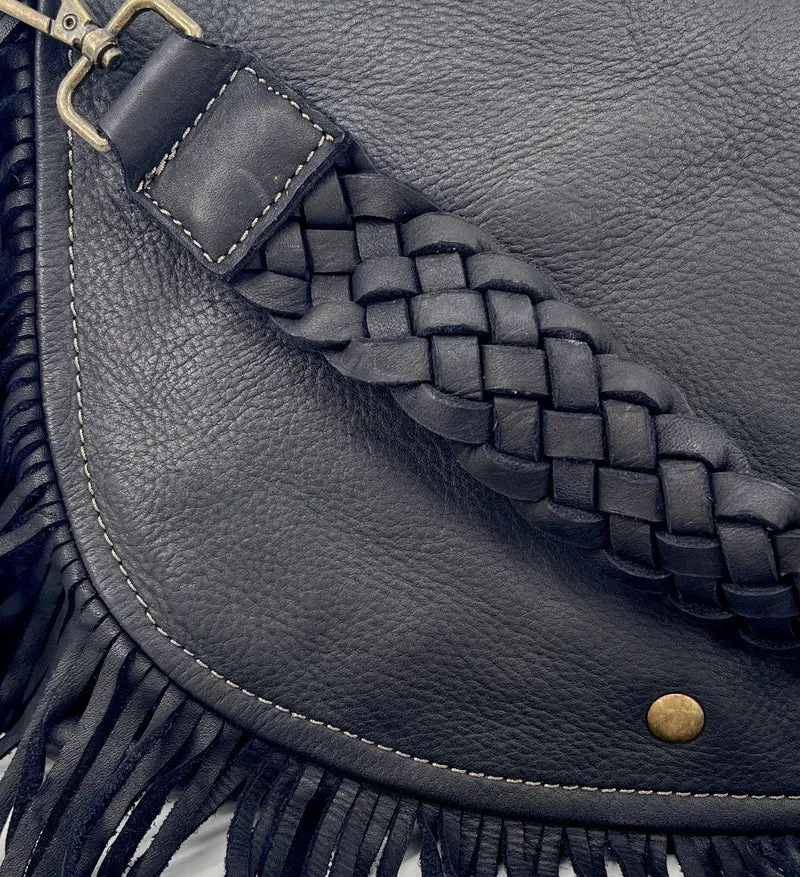 Sac besace à franges en cuir vintage MISS NAYA Noir