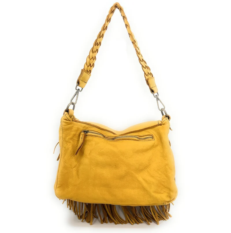 Sac besace à franges en cuir vintage MISS NAYA Jaune tournesol