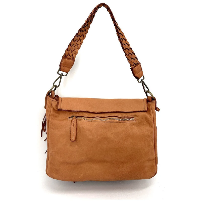 Sac besace à franges en cuir vintage MISS NAYA Camel foncé