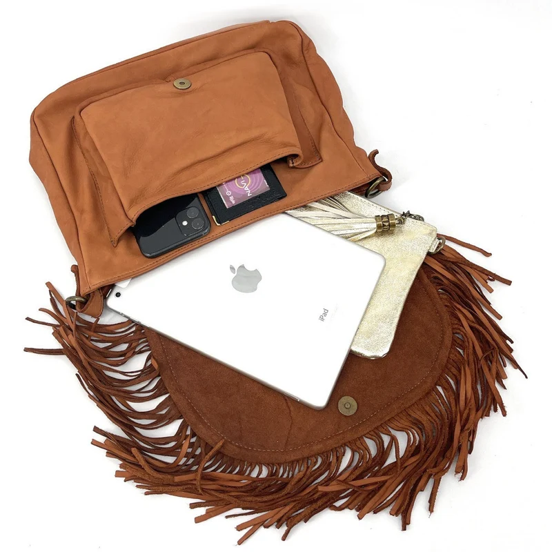 Sac besace à franges en cuir vintage MISS NAYA Camel foncé