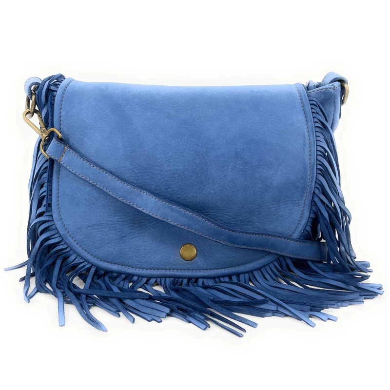 Sac besace à franges en cuir vintage MISS NAYA Bleu denim