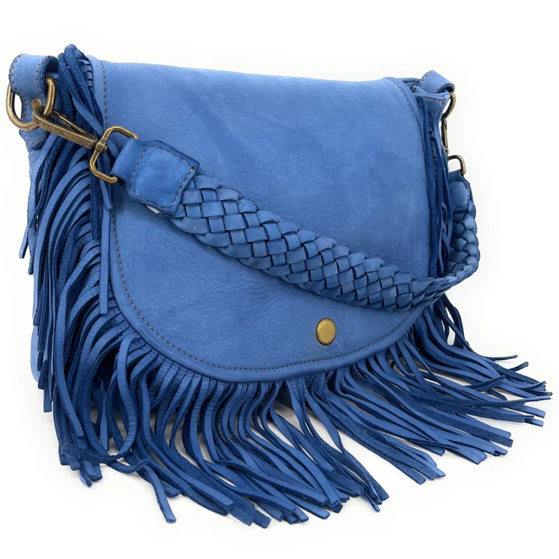 Sac besace à franges en cuir vintage MISS NAYA Bleu denim