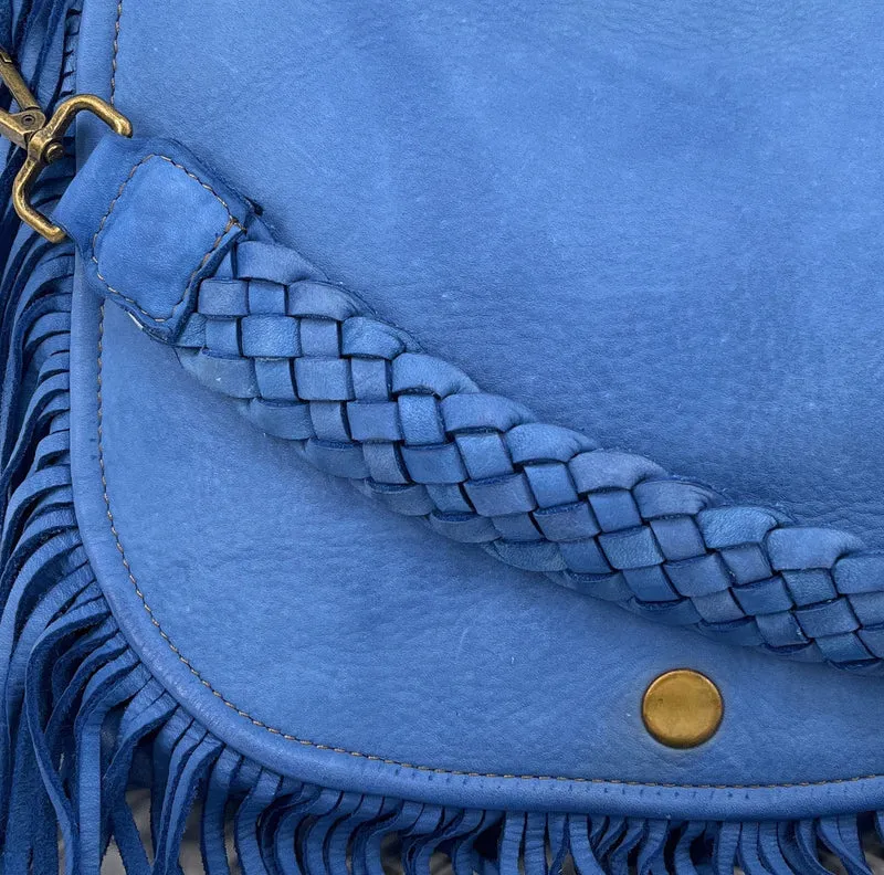 Sac besace à franges en cuir vintage MISS NAYA Bleu denim