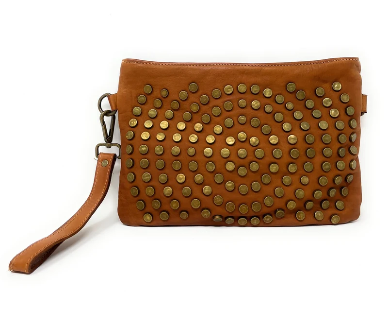 Sac pochette en cuir vintage MISS CIRCÉ Camel foncé