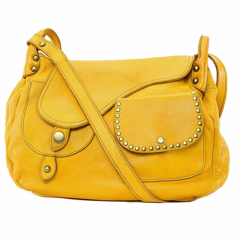 Sac besace à bandoulière en cuir vintage MISS CLYDE Jaune Moutarde