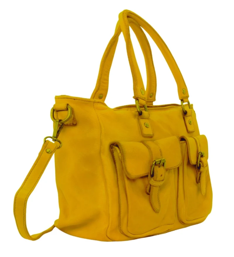 Sac cabas en cuir vintage MISS JENNER Jaune Moutarde