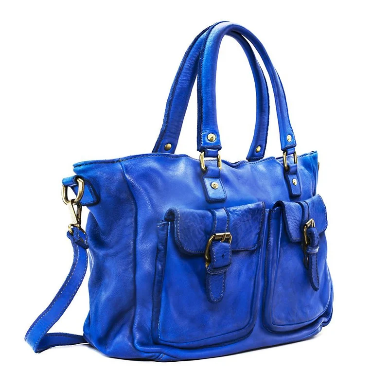 Sac cabas en cuir vintage MISS JENNER Bleu roi