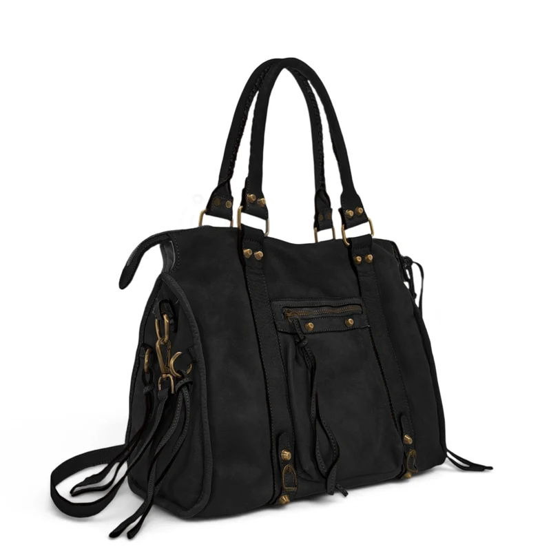 Grand sac porté épaule en cuir vintage STORM XL HURRICAN Noir