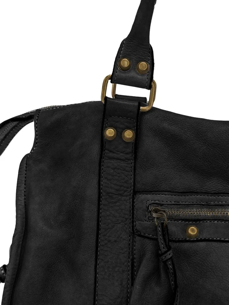 Grand sac porté épaule en cuir vintage STORM XL HURRICAN Noir