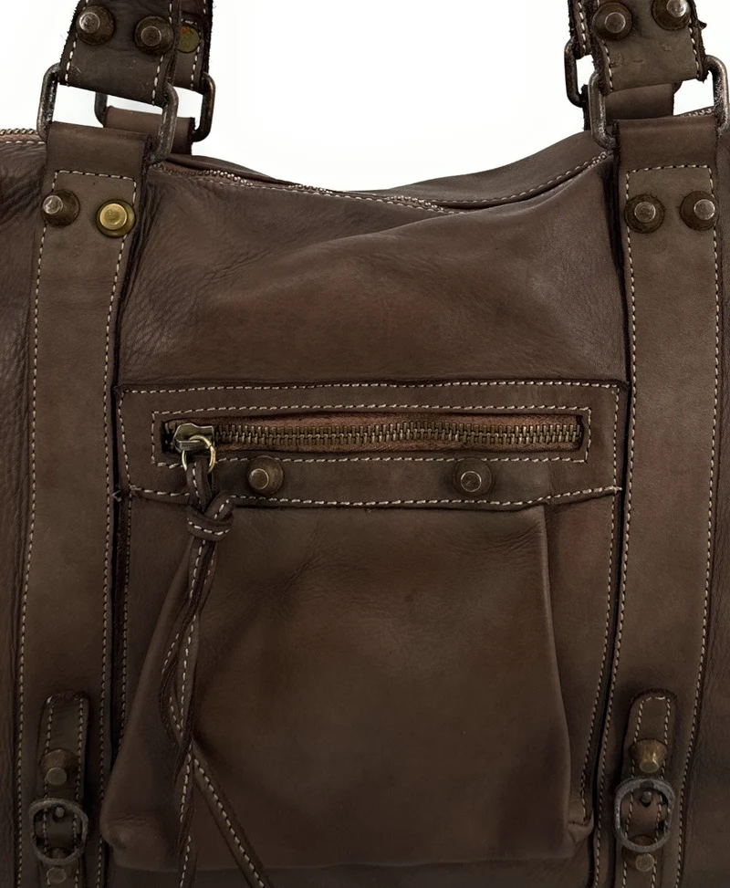 Grand sac porté épaule en cuir vintage STORM XL HURRICAN Marron Moka