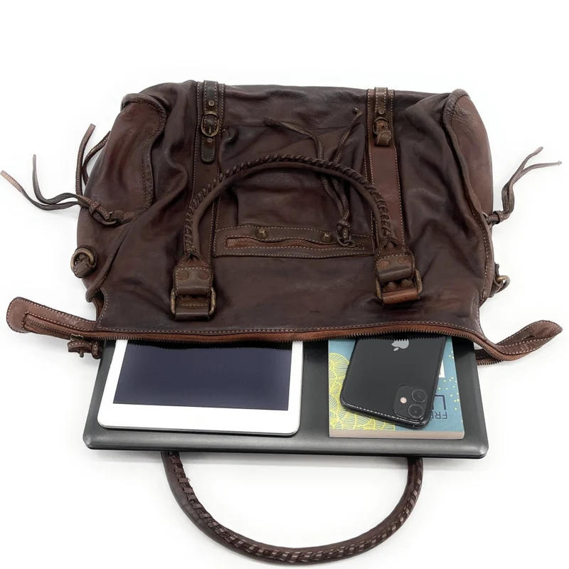 Grand sac en cuir vintage STORM XL HURRICAN Marron Chocolat