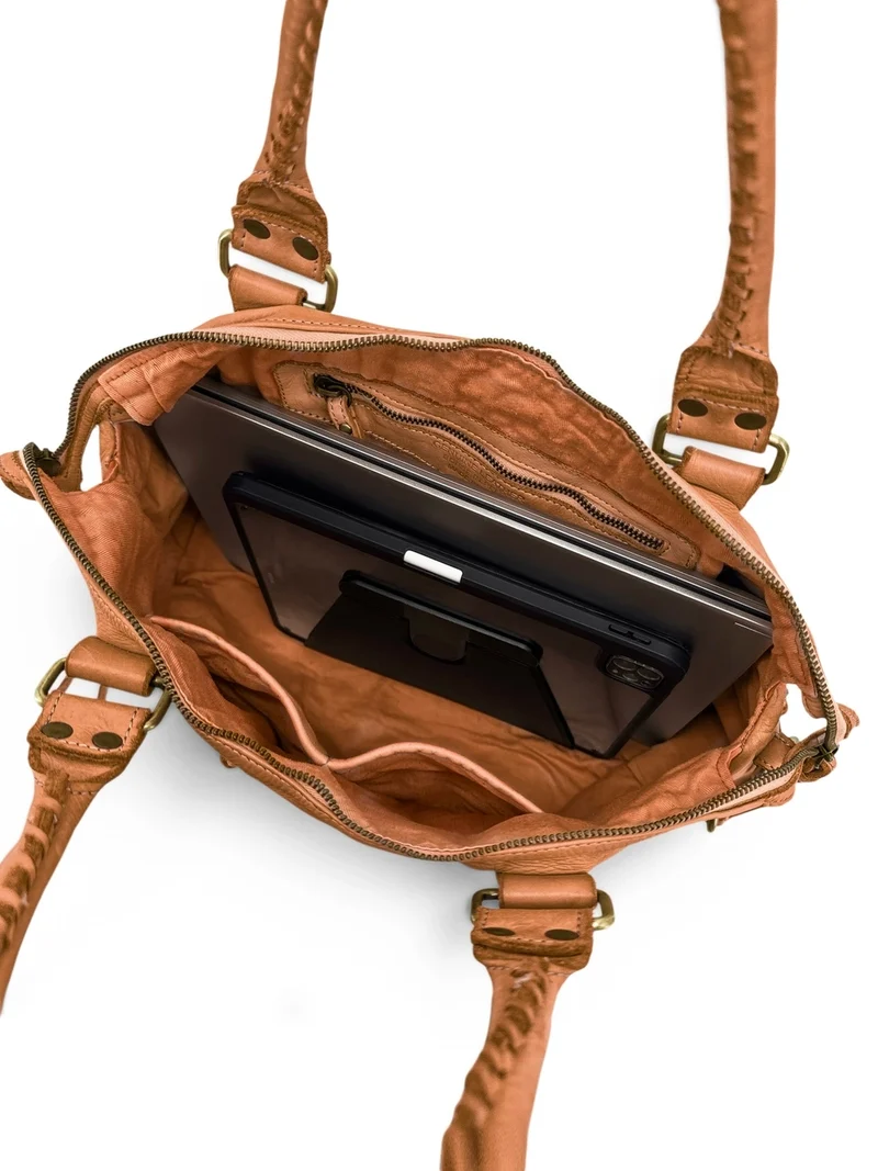 Grand sac porté épaule en cuir vintage STORM XL HURRICAN Marron camel