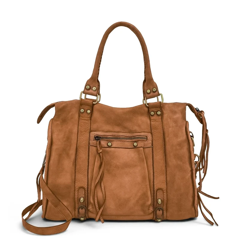 Grand sac porté épaule en cuir vintage STORM XL HURRICAN Marron camel