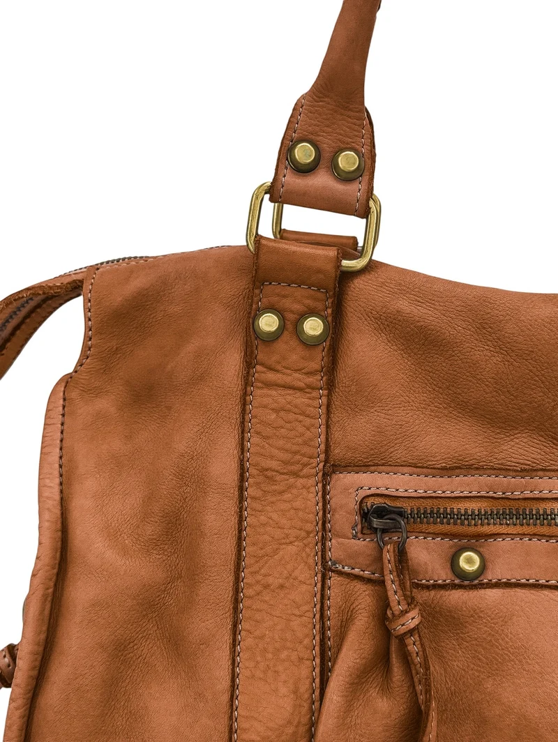 Grand sac porté épaule en cuir vintage STORM XL HURRICAN Marron camel