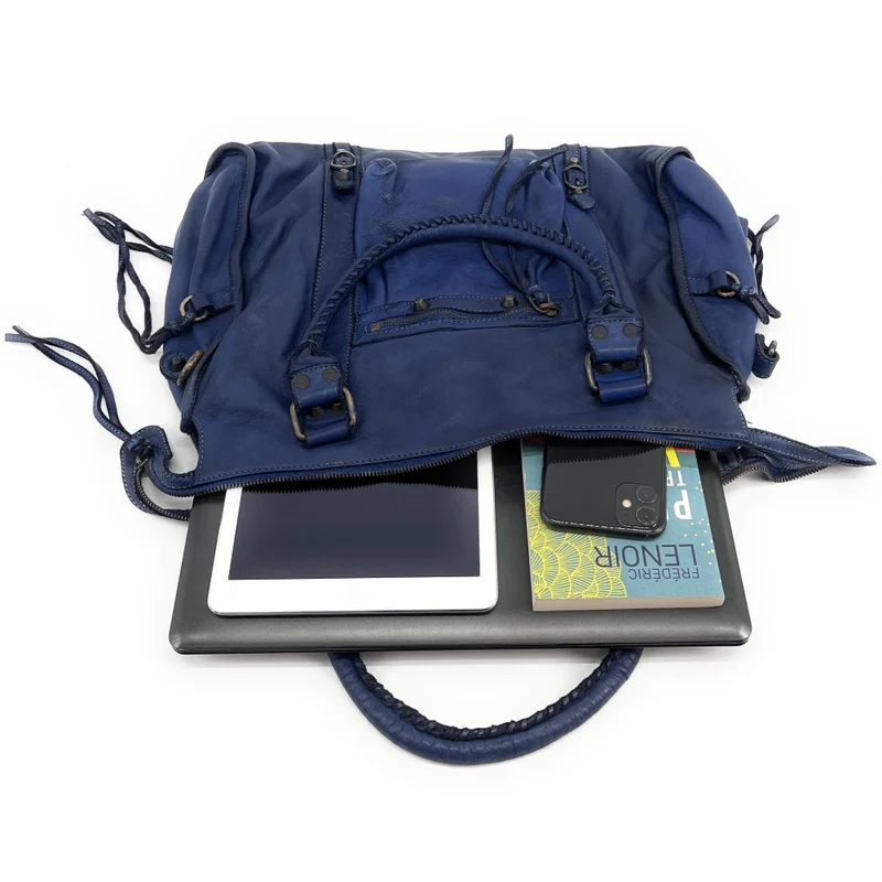 Grand sac porté épaule en cuir vintage STORM XL HURRICAN Bleu profond
