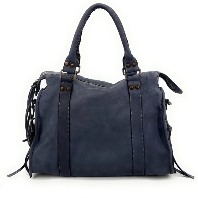 Grand sac porté épaule en cuir vintage STORM XL HURRICAN Bleu marine