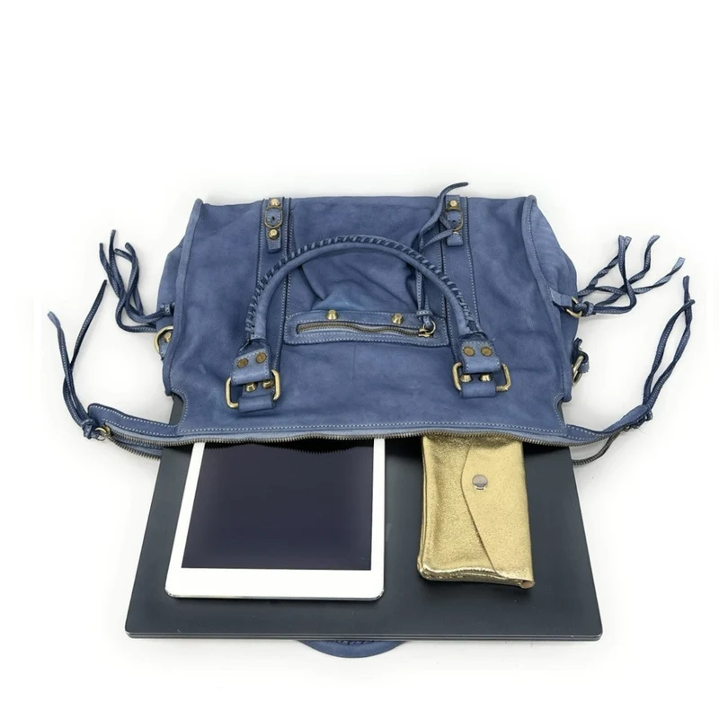 Grand sac porté épaule en cuir vintage STORM XL HURRICAN Bleu denim