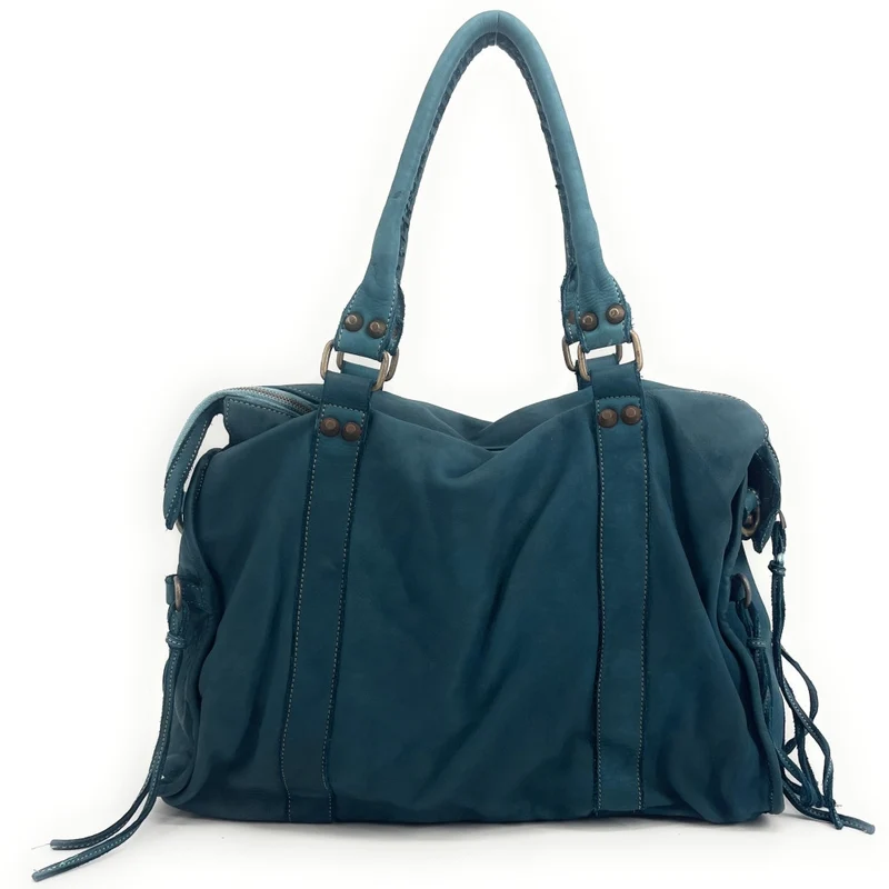 Grand sac porté épaule en cuir vintage STORM XL HURRICAN Bleu vert canard