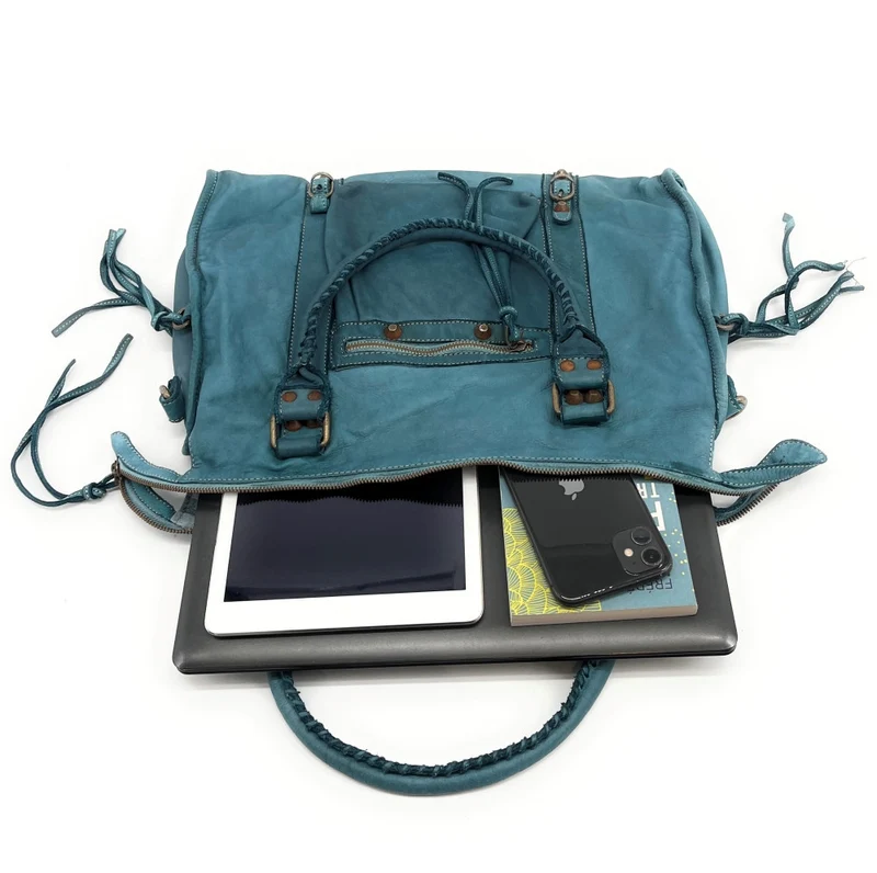 Grand sac porté épaule en cuir vintage STORM XL HURRICAN Bleu vert canard