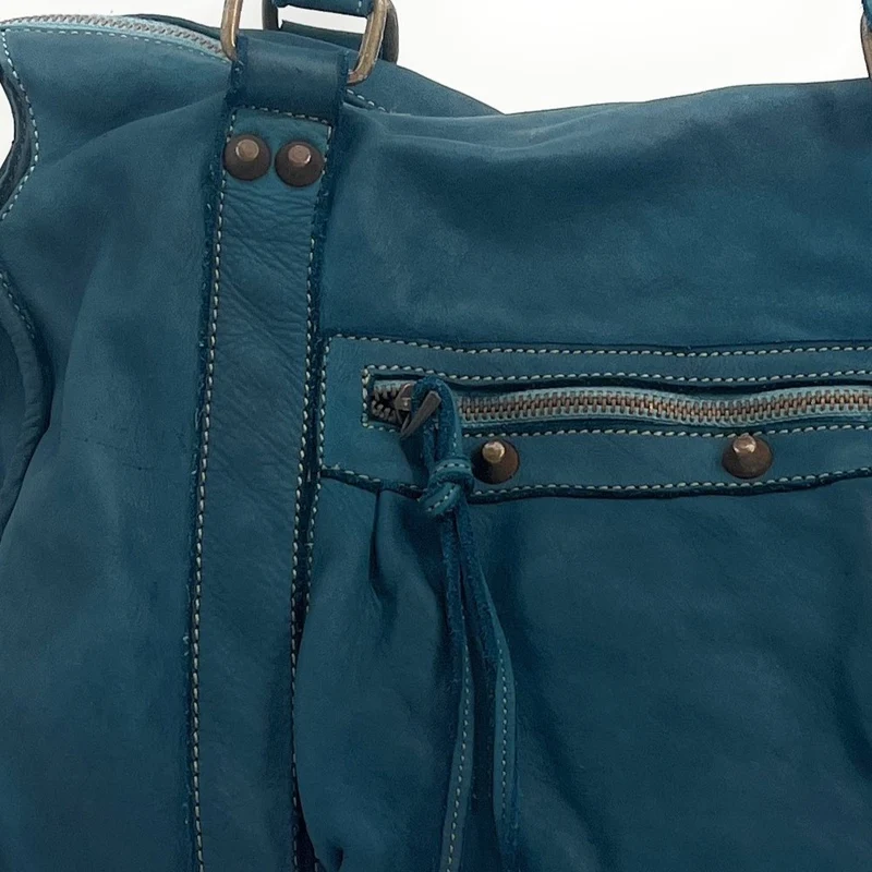 Grand sac porté épaule en cuir vintage STORM XL HURRICAN Bleu vert canard