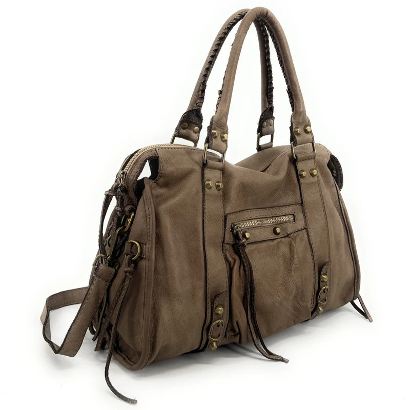 Sac à main porté épaule en cuir vintage STORM ROCK Tabac brun