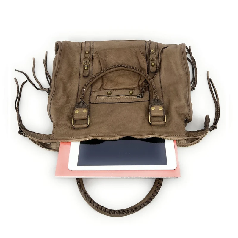 Sac à main porté épaule en cuir vintage STORM ROCK Tabac brun