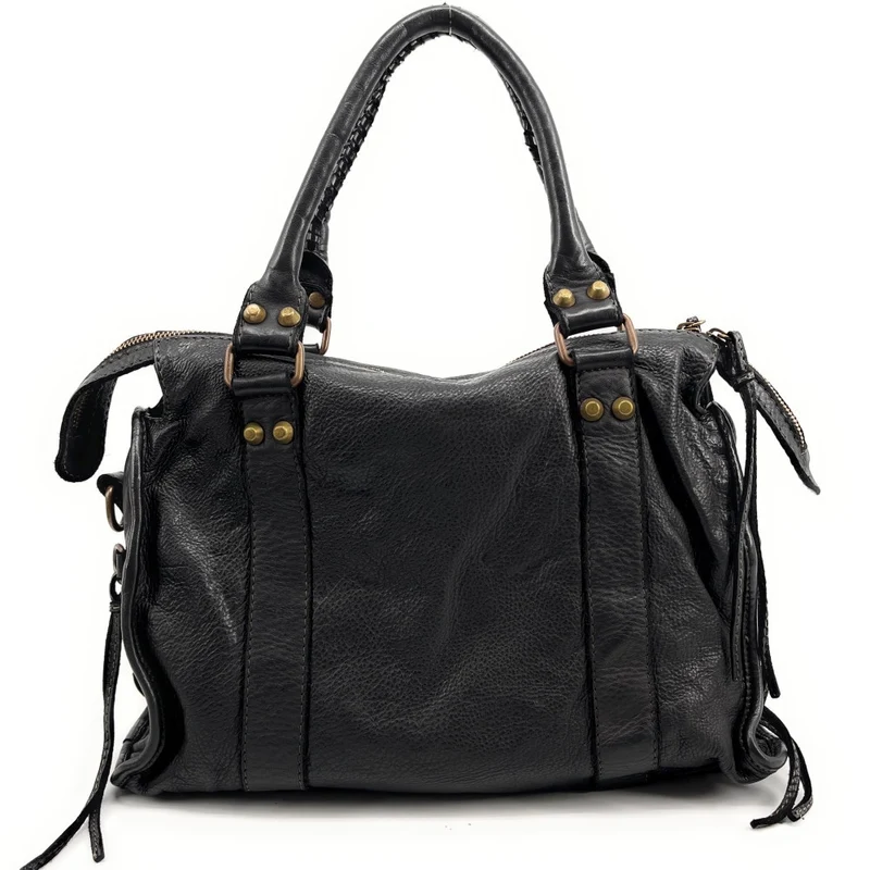 Sac à main porté épaule en cuir vintage STORM ROCK Back to black