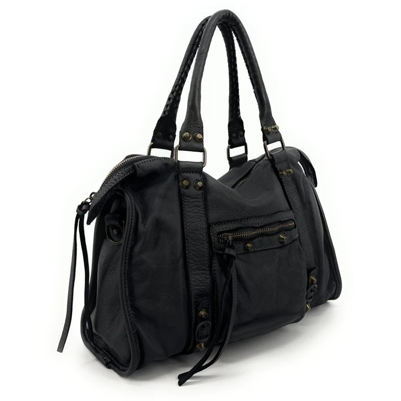 Sac à main porté épaule en cuir vintage STORM ROCK Naked black
