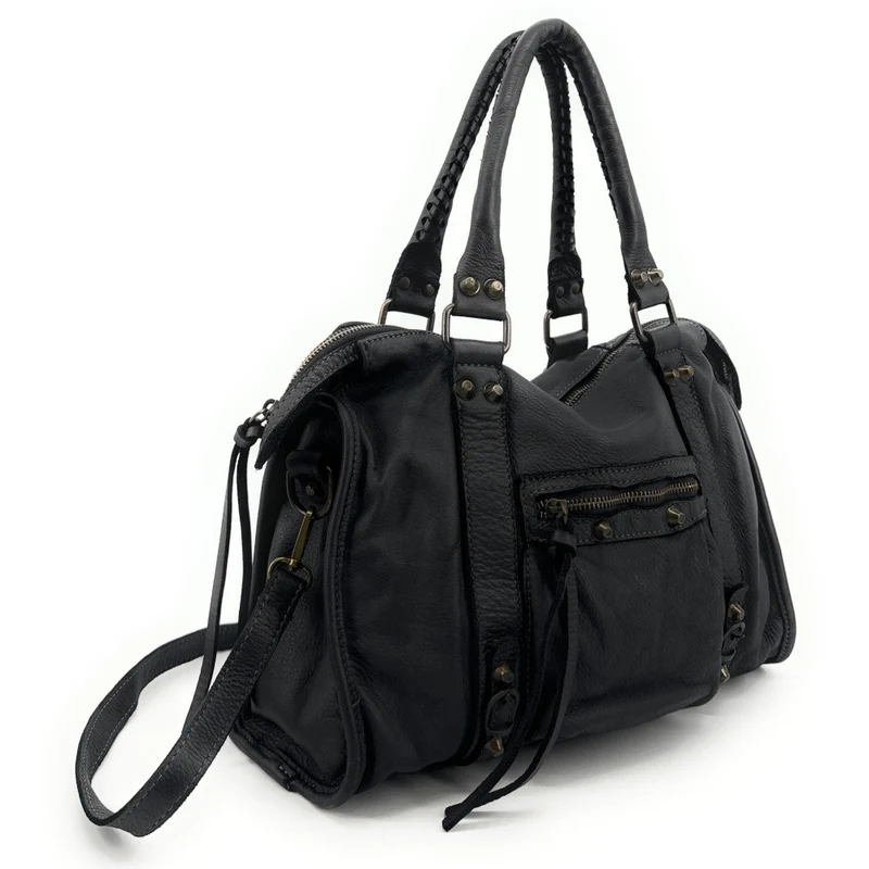 Sac à main porté épaule en cuir vintage STORM ROCK Naked black