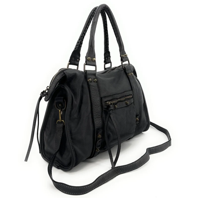 Sac à main porté épaule en cuir vintage STORM ROCK Naked black