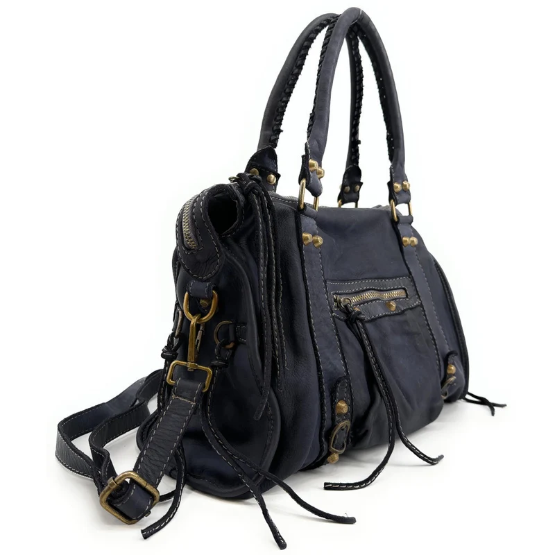 Sac à main porté épaule en cuir vintage STORM ROCK Midnight blue
