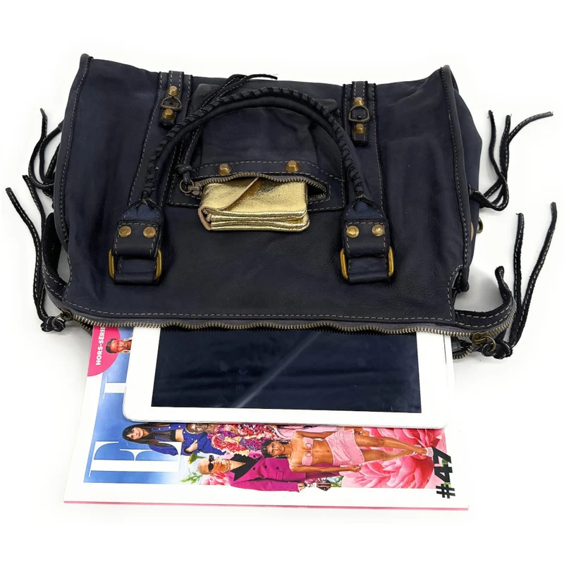 Sac à main porté épaule en cuir vintage STORM ROCK Midnight blue