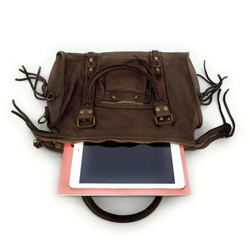 Sac à main porté épaule en cuir vintage STORM ROCK Marron Café frappé