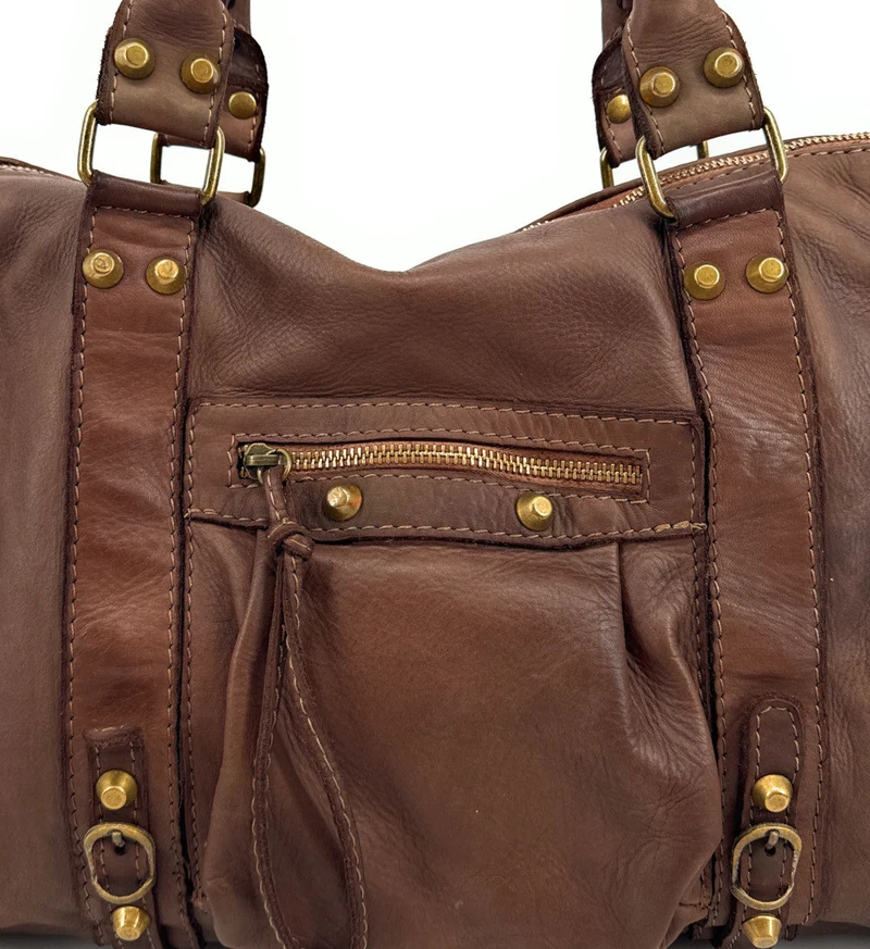 Sac à main porté épaule en cuir vintage STORM ROCK Marron Café frappé