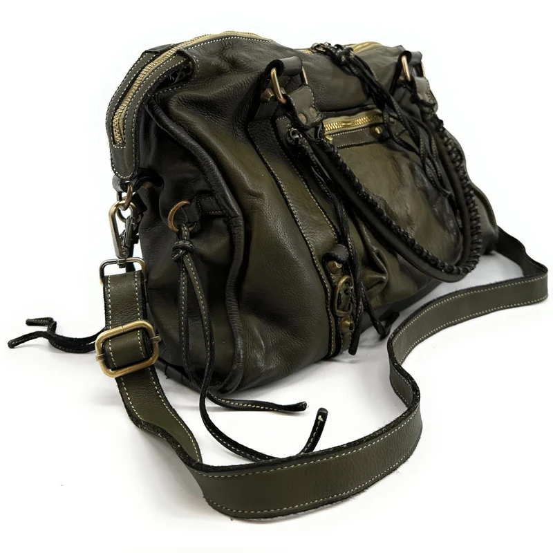 Sac à main porté épaule en cuir vintage STORM ROCK Green army