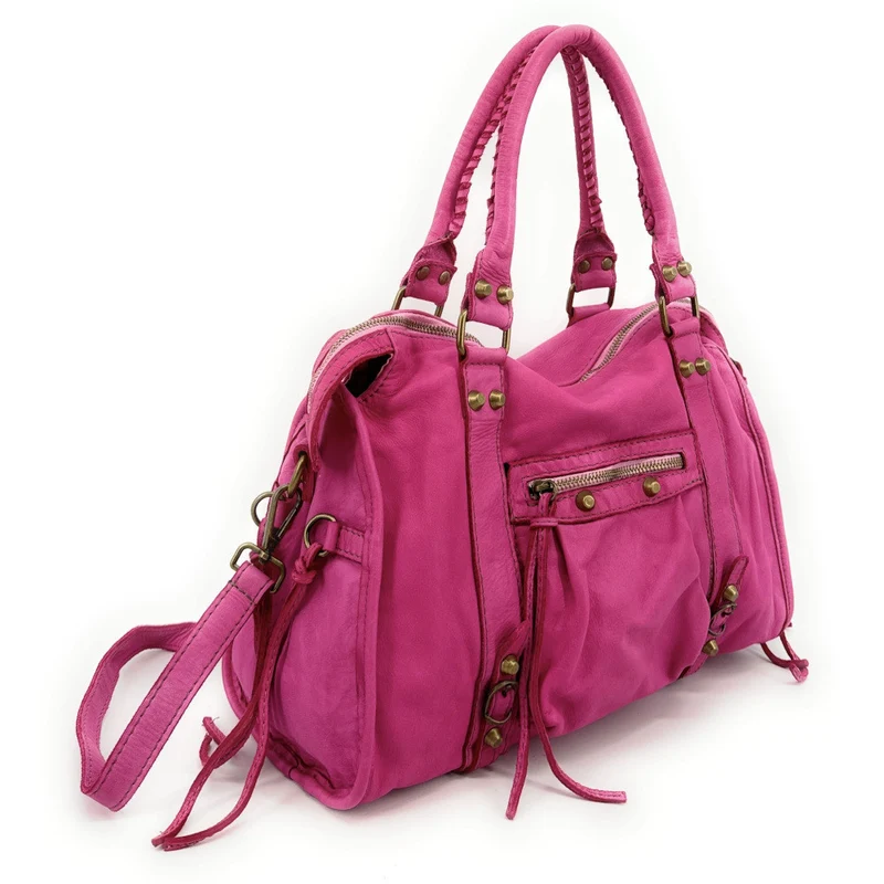 Sac à main porté épaule en cuir vintage STORM ROCK Pink Edition