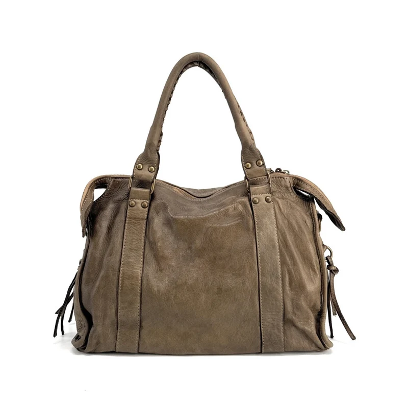 Sac à main en cuir vintage MISS STORM Taupe foncé