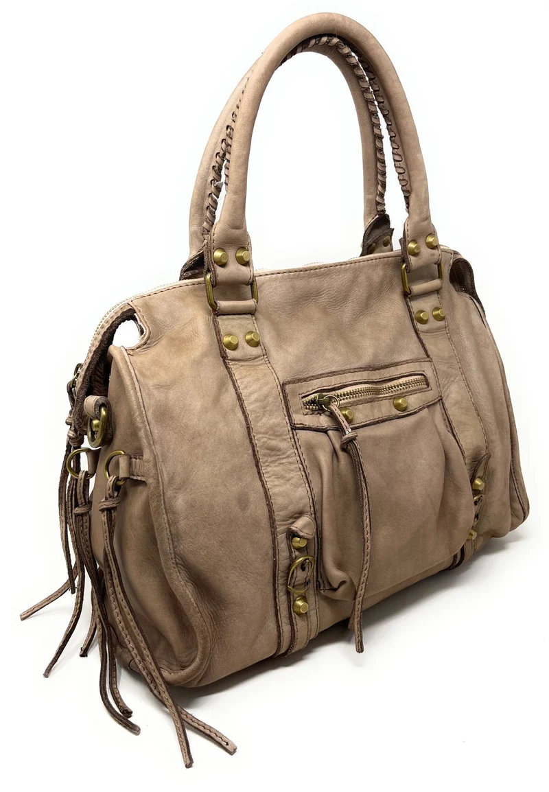 Sac à main porté épaule en cuir vintage STORM ROCK Taupe clair