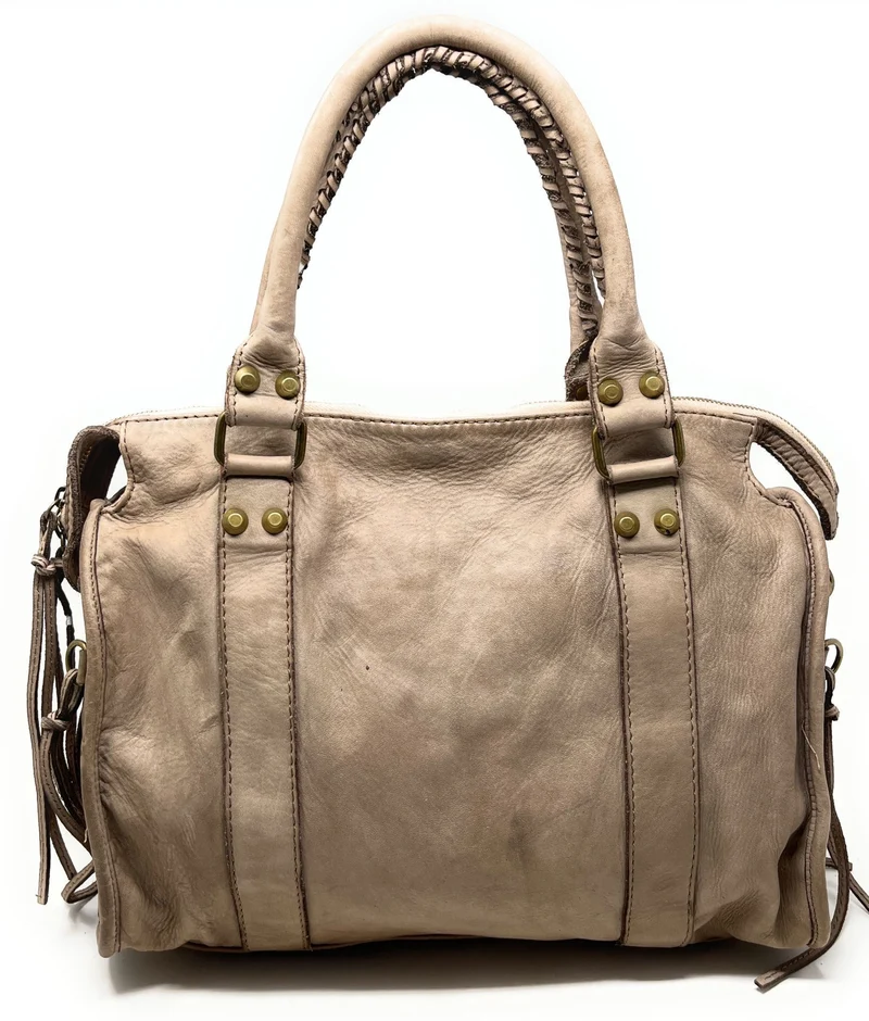 Sac à main porté épaule en cuir vintage STORM ROCK Taupe clair