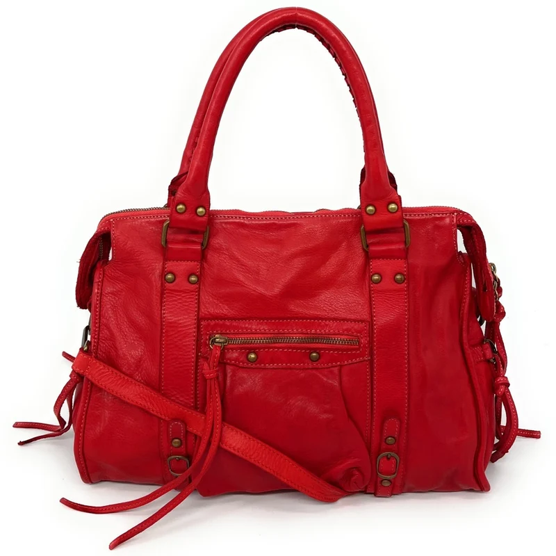 Sac à main en cuir vintage MISS STORM Rouge fraise