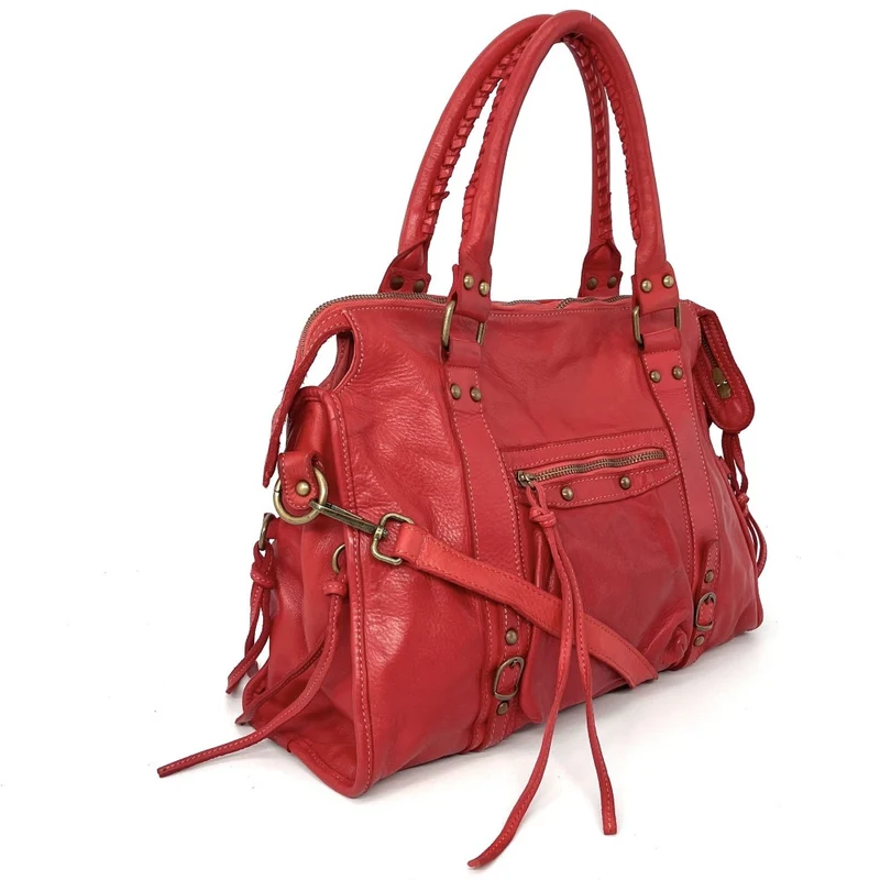 Sac à main en cuir vintage MISS STORM Rouge fraise