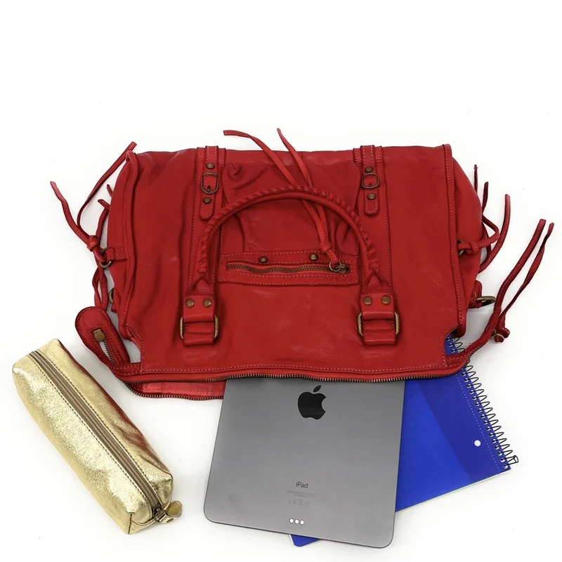 Sac à main en cuir vintage MISS STORM Rouge fraise