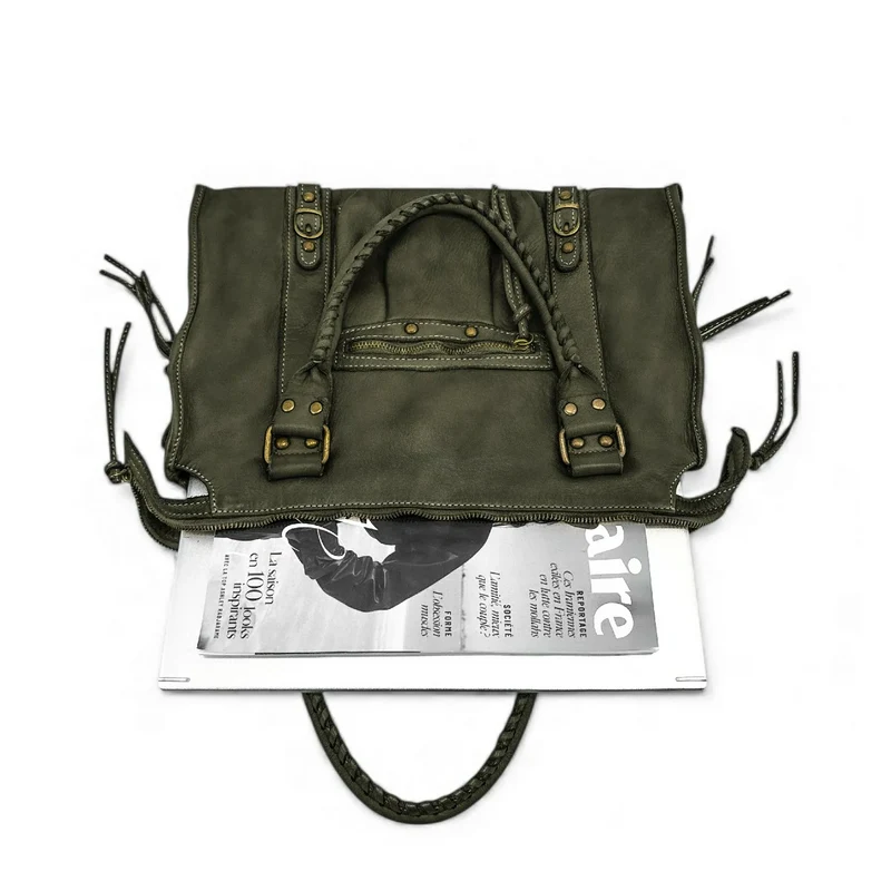 Sac à main en cuir vintage MISS STORM Kaki